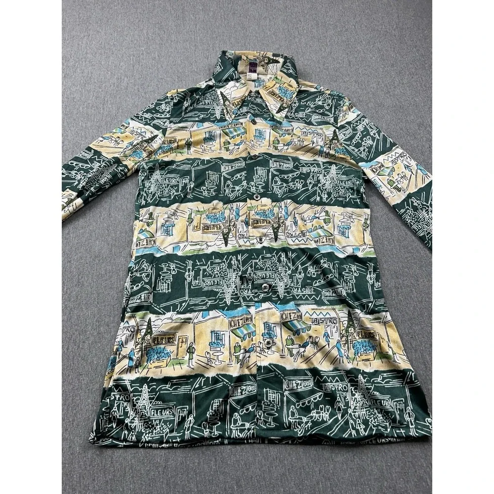 Vintage Hutspah Button Up Shirt Mens Medium Green Yellow French Bistro‎ Nylon
